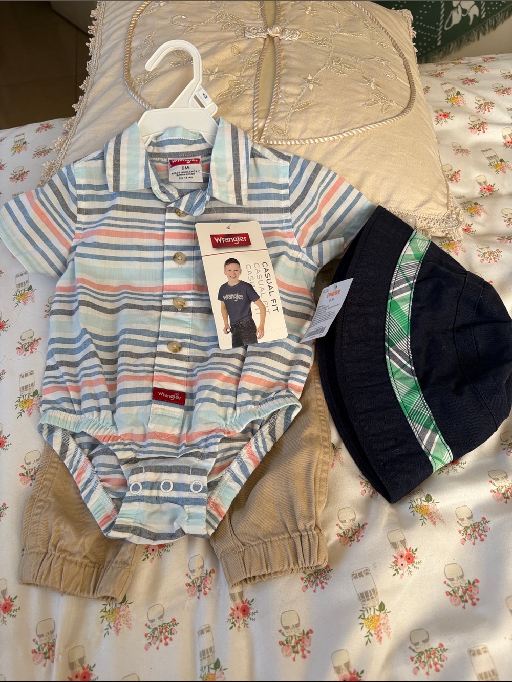 Wrangler Baby Boys' Striped Button-Front Short Sleeve Romper — Blue/Coral
